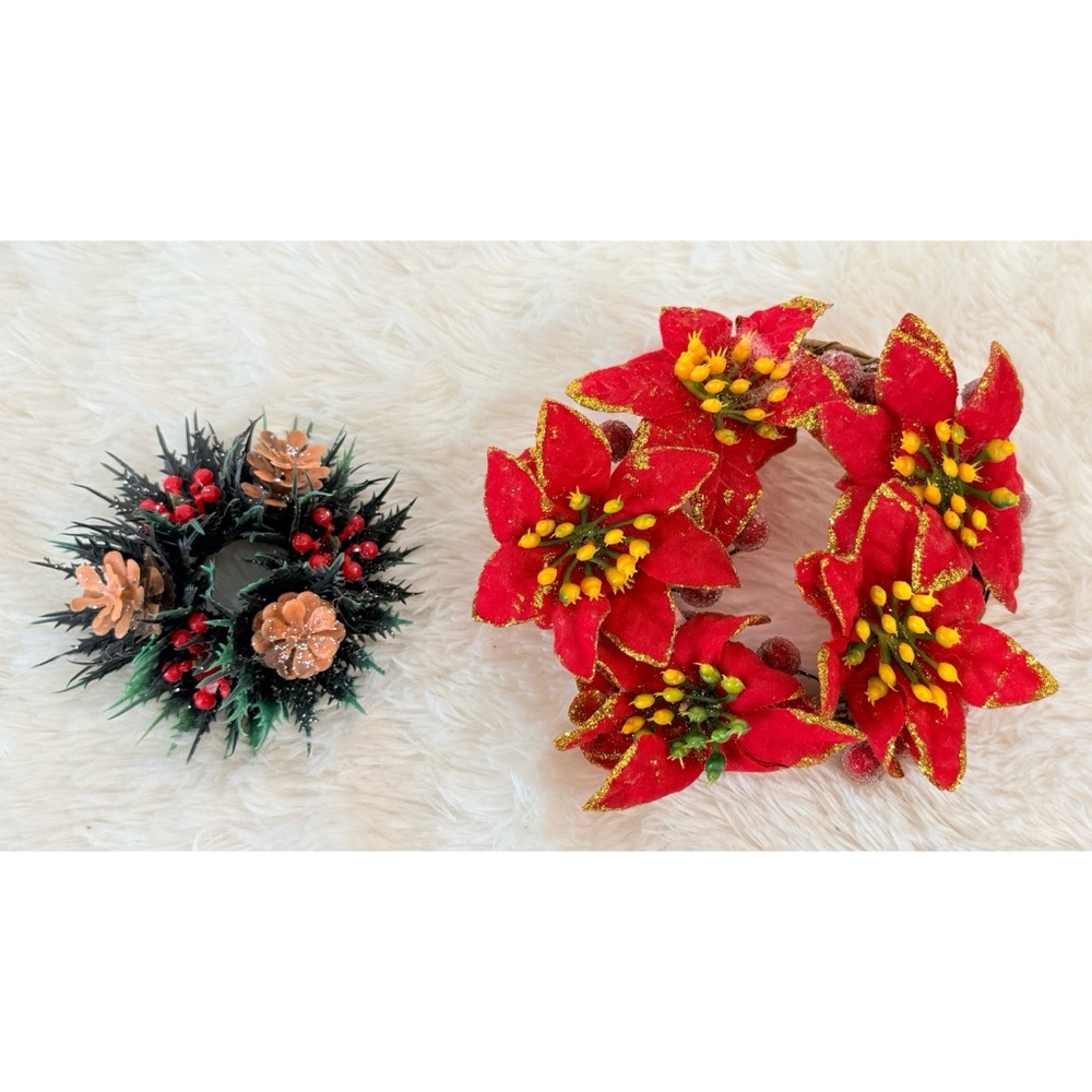 (2) Vintage 70s Christmas Wreath Poinsettia Candle Rings